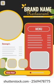 Food restaurant menu layout editable template, menu list cafe yellow, red,black modern template, list menu layout and food poster restaurant for dinner lunch breakfast menu template