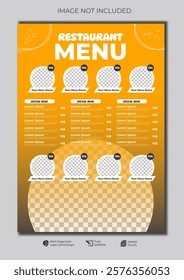 Food restaurant menu layout editable template, menu list cafe gradient yellow modern template, list menu layout and food poster restaurant for dinner lunch breakfast menu template