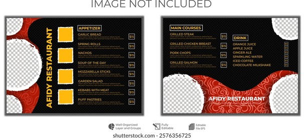 Food restaurant menu layout editable template, menu list cafe red and black modern template, list menu layout and food poster restaurant for dinner lunch breakfast menu template, landsacpe A4 Layout