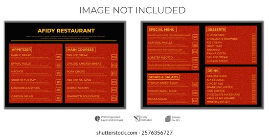 Food restaurant menu layout editable template, menu list cafe red and black modern template, list menu layout and food poster restaurant for dinner lunch breakfast menu template, landsacpe A4 Layout