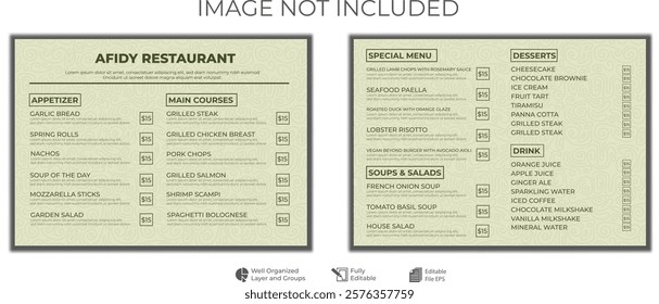 Food restaurant menu layout editable template, menu list cafe green modern template, list menu layout and food poster restaurant for dinner lunch breakfast menu template, A4 Layout