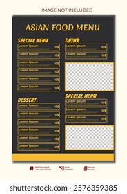 Food restaurant menu layout editable template, menu list cafe black modern template, list menu layout and food poster restaurant for dinner lunch breakfast menu template