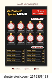 Food restaurant menu layout editable template, menu list cafe black modern template, list menu layout and food poster restaurant for dinner lunch breakfast menu template