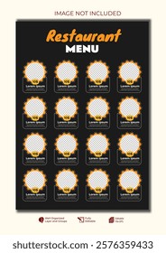 Food restaurant menu layout editable template, menu list cafe black modern template, list menu layout and food poster restaurant for dinner lunch breakfast menu template