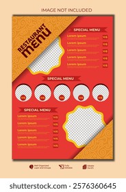 Food restaurant menu layout editable template, menu list cafe red and yellow modern template, list menu layout and food poster restaurant for dinner lunch breakfast menu template