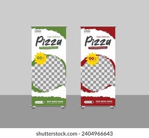 Food and Restaurant Pizza Roll Up banner design or The latest Food x rollup banner design vector template with two color variants green and red