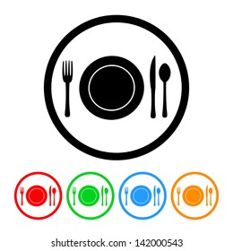 Food & Restaurant Plate Setting Fork Knife and Spoon Icon in Vector Format with Four Color Variations