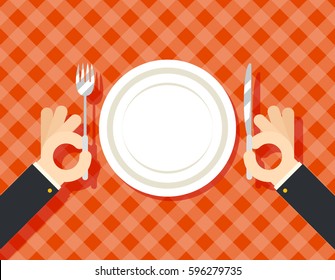 Food Restaurant Promotion Hands Cutlery Plate Fork and Knife Concept Symbol Stylish Background Flat Design Vector Illustration