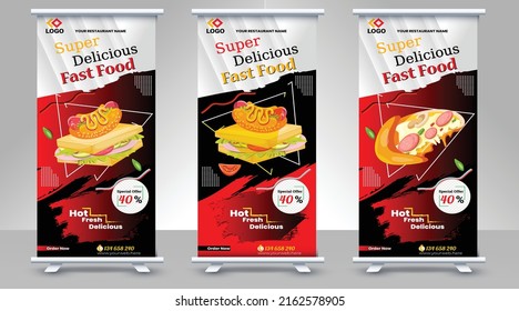 Diseño de pancartas para el repertorio de comida y restaurante, Banner de Diseño de Comida Estándar, Modelo de Roll Up Digital de Comida Rápida, Banner de Roll Up estándar, Diseño de vectores, Delicious Food Restaurant X-Banner