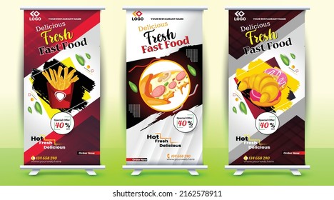 Diseño de pancartas para el repertorio de comida y restaurante, Banner de Diseño de Comida Estándar, Modelo de Roll Up Digital de Comida Rápida, Banner de Roll Up estándar, Diseño de vectores, Delicious Food Restaurant X-Banner