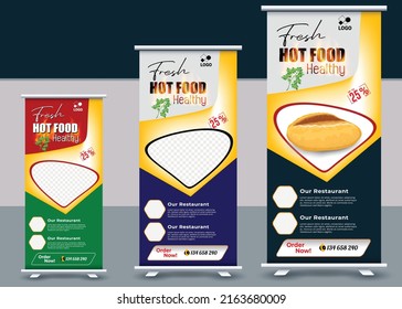 Food and Restaurant roll up banner design, Standee Food Design Banner, Fast Food digital Roll Up template, standee roll up banner Vector design, Delicious Food Restaurant X-Banner