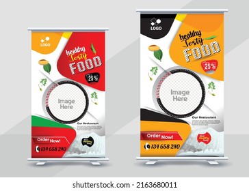 Diseño de pancartas para el repertorio de comida y restaurante, Banner de Diseño de Comida Estándar, Modelo de Roll Up Digital de Comida Rápida, Banner de Roll Up estándar, Diseño de vectores, Delicious Food Restaurant X-Banner