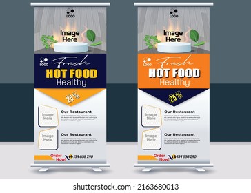 Food and Restaurant roll up banner design, Standee Food Design Banner, Fast Food digital Roll Up template, standee roll up banner Vector design, Delicious Food Restaurant X-Banner