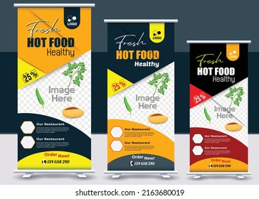 Food and Restaurant roll up banner design, Standee Food Design Banner, Fast Food digital Roll Up template, standee roll up banner Vector design, Delicious Food Restaurant X-Banner