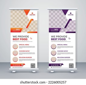 Food and restaurant roll-up banner design template menu corporate business company rack card, X stand banner, and Dl flyer design