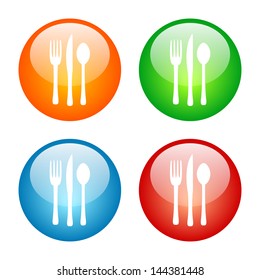 Food & Restaurant Silverware Icon Colorful Glass Button Icon Set.  Vector format, colors can be adjusted easily.  Includes shiny plastic style with blue, red, green, and orange color buttons