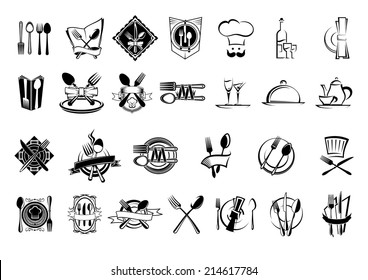 Food, restaurant and silverware icons, logo, emblems or symbols set with fork, spoon,  napkin, plate, knife, cook chef hat,  wine bottle, glass, cup, dish and teapot