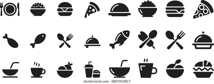 Food Restaurant Solid Icon Set. Includes Meal, Burger, Pizza, Chicken, Fish, Cutlery and Beverage Symbols. Modern Flat Vector Glyph Icons for Menu, Dining, Kitchen, Delivery and Food Service Concepts