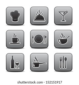 Food and restaurant square icon set with modern square gray icons with a chef hat, hot food platter, martini glass, coffee mug, plate setting food bowl wine bottle and glass cooking pot and silverware