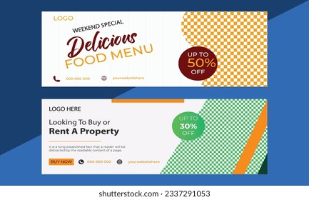 Food and restaurant web banner template. horizontal advertising web banner template.Facebook cover banner food advertising discount sale offer template social media food cover post design.