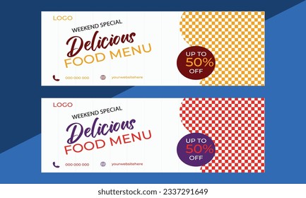 Food and restaurant web banner template. horizontal advertising web banner template.Facebook cover banner food advertising discount sale offer template social media food cover post design.
