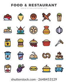 Ícones da web de comida e restaurante no estilo de cor linear.