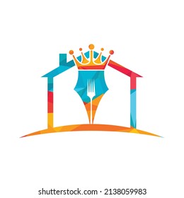 Food and restaurants logo design concept. Pen with crown and fork vector icon design.	