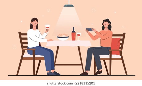 Food in restaurants. Women with wine and sweets sit at table. Luxurious vacation. Poster or banner for website. Young girls rest and relax after work or study. Cartoon flat vector illustration
