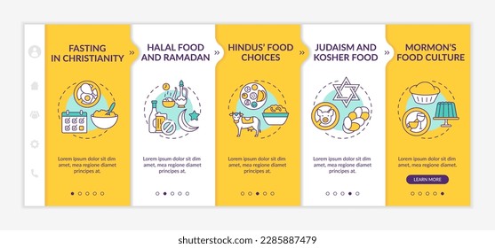 Food restrictions in religion onboarding vector template. Mormon culture. Halal food and ramadan. Responsive mobile website with icons. Webpage walkthrough step screens. RGB color concept