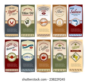 Food retro banners set with pepper olive oil sardines flour salmon isolated vector illustration