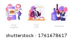 Food review abstract concept vector illustration set. Food blogging and critic, sommelier, social media, restaurant chef, rating, expert opinion, culinary show, wine steward, foodie abstract metaphor.