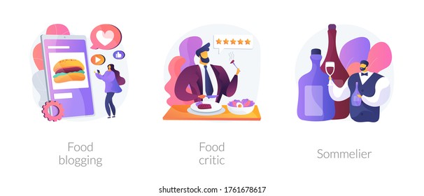 Food review abstract concept vector illustration set. Food blogging and critic, sommelier, social media, restaurant chef, rating, expert opinion, culinary show, wine steward, foodie abstract metaphor.