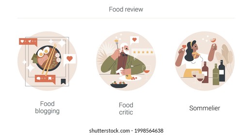 Food Review Abstract Concept Vector Illustration Set. Food Blogging And Critic, Sommelier, Social Media, Restaurant Chef, Rating, Expert Opinion, Culinary Show, Wine Steward, Foodie Abstract Metaphor.