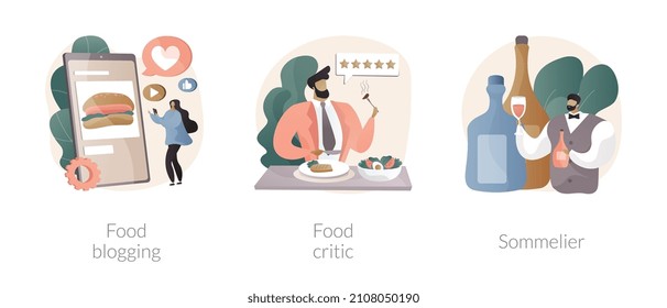 Food review abstract concept vector illustration set. Food blogging and critic, sommelier, social media, restaurant chef, rating, expert opinion, culinary show, wine steward, foodie abstract metaphor.