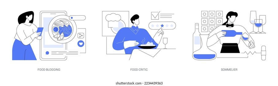 Conjunto de ilustraciones vectoriales de concepto abstracto de revisión de alimentos. Blogueo de comida y crítico, sumiller, medios sociales, chef de restaurante, valoración, opinión experta, espectáculo culinario, mayordomo de vino, metáfora abstracta de la cocina.