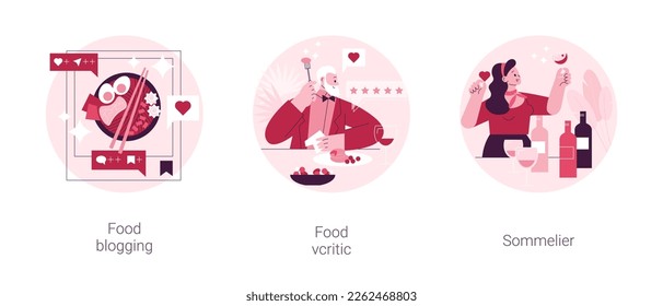 Food review abstract concept vector illustration set. Food blogging and critic, sommelier, social media, restaurant chef, rating, expert opinion, culinary show, wine steward, foodie abstract metaphor.