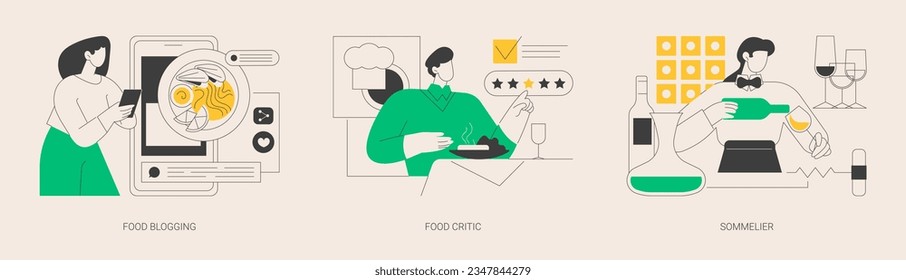 Food review abstract concept vector illustration set. Food blogging and critic, sommelier, social media, restaurant chef, rating, expert opinion, culinary show, wine steward, foodie abstract metaphor.