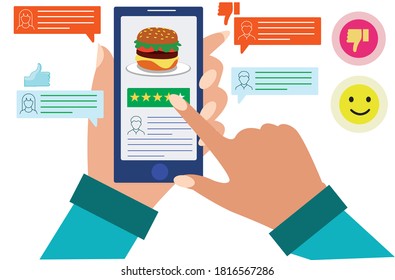 food reviews on mobile vector giving stars online blogger feedback flat illustration