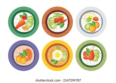 Food. Rice set. Fried rice. Various types of rice with different flavors and side dishes vector illustration