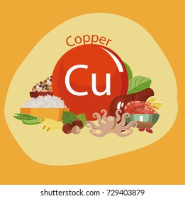 Food rich with copper. Healthy Food series. Natural organic products: Seafood, vegetable food, cereals on a color background