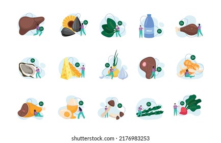 Food rich in zinc flat icons set with healthy products and little human characters isolated against white background vector illustration