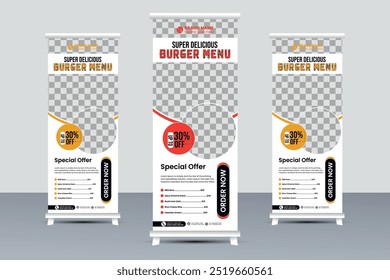 Food roll up banner and delicious food menu design 