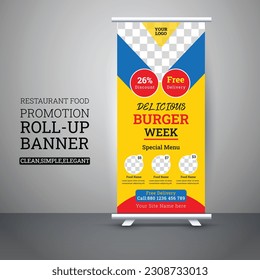 Food roll up banner design for restaurant, Pizza, burger healthy food sale web banner, rack card or flyer, modern food roll up banner.