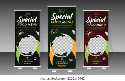 Food roll-up banner design and delicious food menu template for restaurant.
Modern food roll-up banner template, Restaurant roll-up banner, and brochure design.