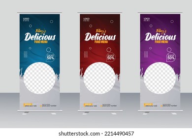 Food rollup banner design for restaurant. creative food roll up banner template, modern food rollup banner