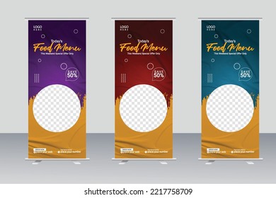 Food rollup banner design for restaurant. creative food roll up banner template, modern food rollup banner