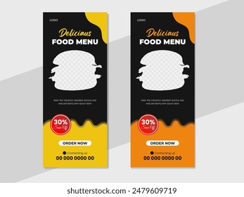 Food rollup banner design for restaurant. creative food roll up banner template