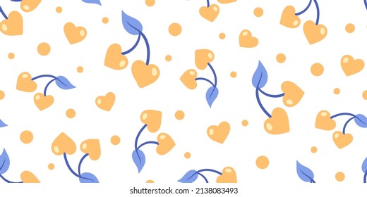 Comida romántico patrón sin fisuras con corazones de cerezo anaranjados en ramas con hojas azules. Fondo de la caricatura vectorial.