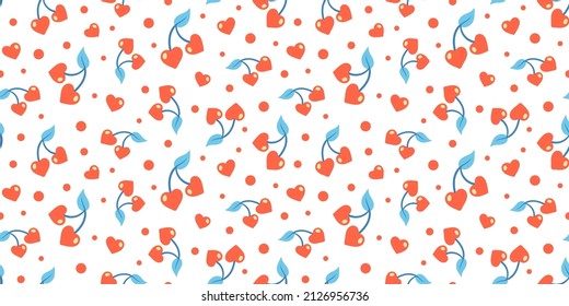 Food romantic seamless pattern with red Cherry Hearts on twigs with leaves. Cute vector cartoon background.