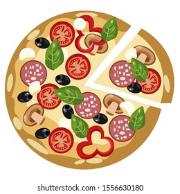 Food, round pizza. Flat style Cartoon vector illustration